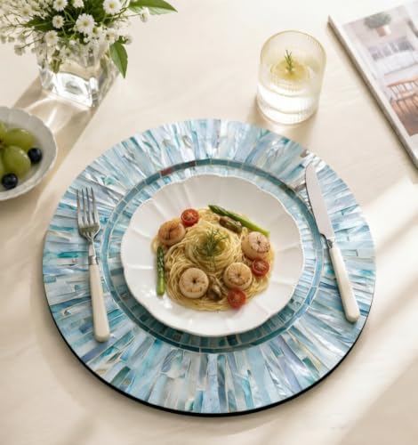 i-lan 13inch 2 Pack Mother of Pearl Decorative Plates for Display, Sea Shell Inlay Wood Charger Plates for Dining, Party, Modern and Coastal Decoration Placemats for Dinner Plates,Blue Ray - style: Style 5