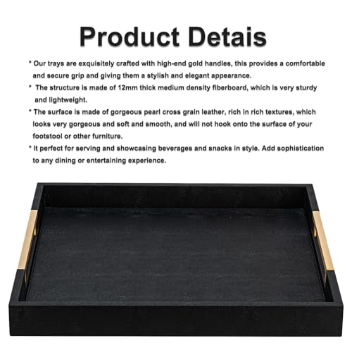 Black Faux Leather Decorative Serving Tray with Handles – Large Square for Coffee Table, Ottoman, Living Room & Bathroom Home Decor - color: Black, size: 20" x 20" x 2"