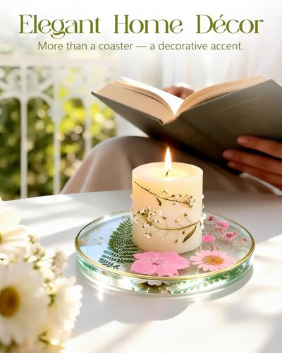 Oqplog Resin Drink Coasters for Desk Coffee Table-Pink&White Dried Flowers Round Shape Cup Coasters Set of 2 for Office Home Outdoor Decor Gifts for Girls Women - color: Pink&white 2pcs