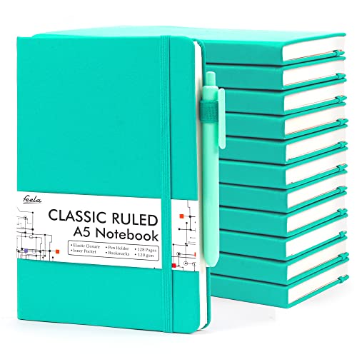 feela 12 Pack Notebooks Journals Bulk, Hardcover Notebook Classic Ruled Lined Journals with Pen Holder for Women Girls School Business Supplies, with 12 Black Pens, 120 GSM, 5.1”x8.3”, A5, Aqua - color: 12 Aqua