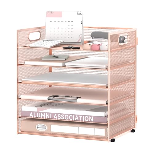 Daltack 6-Tier Paper Organizer for Desk with Handle, Rose Gold - color: Rose Gold