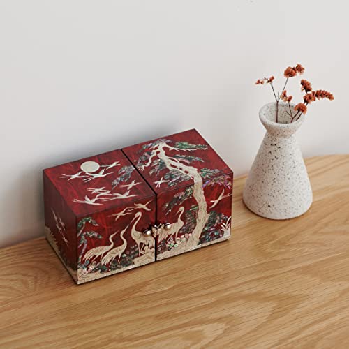 MADDesign Mother of Pearl Twin Cubes Jewelry Box Crane Pine Tree Red - color: Red