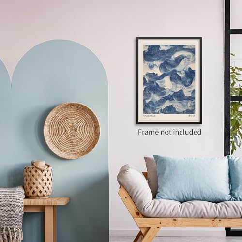 rumlud Japanese Blue Waves Wall Art Vintage Oriental Japandi Wabi Sabi Poster Abstract Giant Waves Canvas Prints for Minimalist Living Room Wall Decor 08x10 inch Unframed - color: Trendy 3-Unframed, size: 10"L x 8"W
