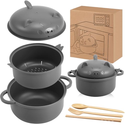 1 Set Large 45oz Cute Pig Ramen Bowl Set Microwavable, Gray - color: Gray