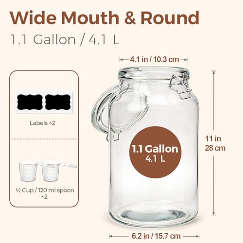 ComSaf Large Glass Jars with Airtight Lids 1.1 Gallon 2 Pack Wide Mouth - size: 138oz*2