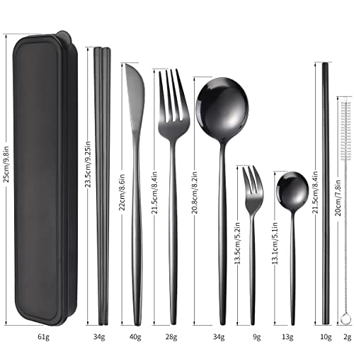 AARAINBOW 8 Pieces Stainless Steel Flatware Set Portable Reusable Cutlery Set Travel Utensils Set Including Chopsticks Knife Fork Spoon Straws Cleaning Brush Dishwasher Safe (Black) - color: Black