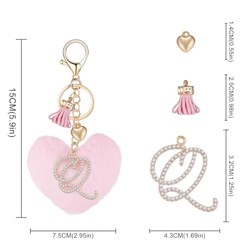 Initial Letter Heart Pom Pom Keychain for Women Pink Soft Fluffy Ball Key Ring for Purse Backpack Handbag - color: Q