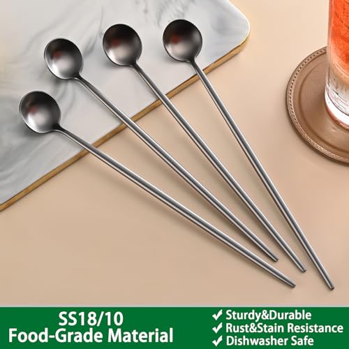 9 Inch Matte Black Iced Tea Spoons,4 PCs Sturdy Long Spoon For Stirring Coffee,Cocktail,Milk,Dessert,SS18/10 Satin Black Long Handle Iced Teaspoons For Mixing,Latte Spoons Set - color: Black, size: 9 Inch