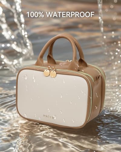 Prite Large Makeup Bag, Waterproof Travel Cosmetic Case with Brush Holder - color: Beige-Brown, size: Large
