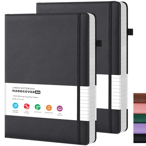 FOCUS DAY A4 Lined Notebook Journal, 2 Pack, 8.5" x 11", PU Leather Hardcover, for Women/Men Writing Work, College School Office Supplies - color: Black, size: A4