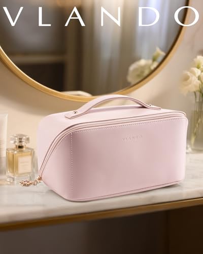 VLANDO Makeup Bag for Women with Open Flat Layout,Zipped TPU Pocket,Pink - color: 04.Pink