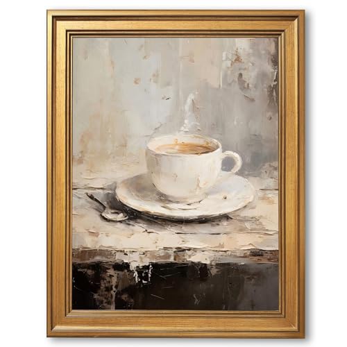 EQUEEN Vintage Coffee Cup Poster Kitchen Wall Art Farmhouse Wall Decor Rustic Painting Canvas Print For Kitchen Dining Room24x36inch Golden frame - color: style-1, size: 24"L x 36"W