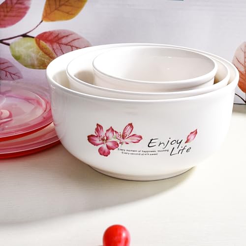 Ceramic Food Storage Bowl with Lids Set of 3, Cherry Blossom Nesting Bowls