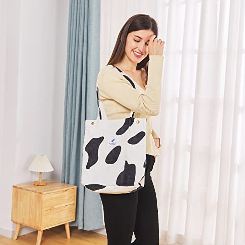 Corduroy Tote Bag Cute Tote Bags for Women Shoulder Bag with Inner Pocket for Work Beach Travel and Shopping Grocery - style: Leopard