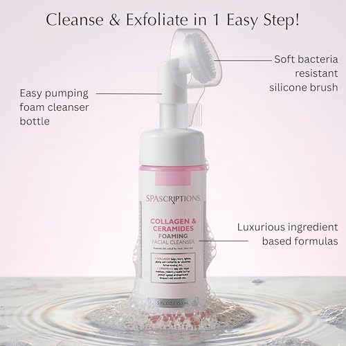 SpaScriptions 2 in 1 Cleanse & Exfoliate Foaming Facial Cleanser - Collagen & Ceramides Face Wash with Silicone Brush for Dry Skin with Barrier Support with Peptides for Daily Cleansing, 5 oz - size: 5 Fl Oz (Pack of 1)