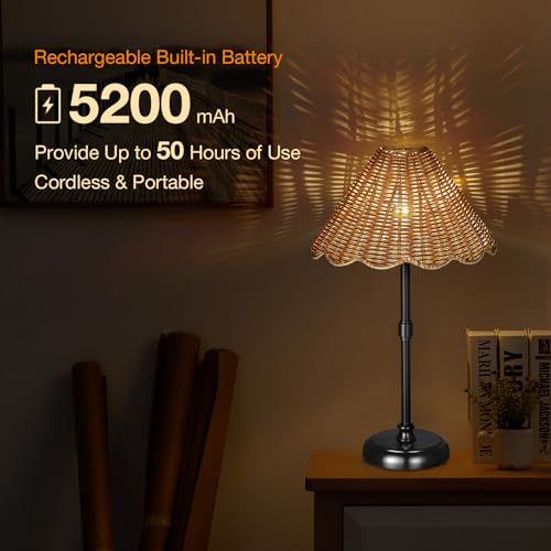 Cordless Boho Rattan Table Lamp Black, 5200-mAh Rechargeable Battery, 3-Level Brightness Dimmable, Build-in Integrated LED 320 Lumen Max, Rattan Shade, for Bedside Restaurant Dining Table - color: 16'' Tall Black