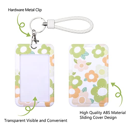 ID Card Badge Holder Key Chain with Metal Keyring, Plastic Slide Open with ID Window for Women Men Girls Students,Flowers - color: Green Orange Flower