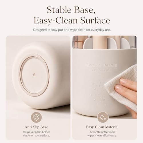 EACHY Makeup Brush Holder with Lid, 360° Rotating Vanity Organizer for Brushes, Dustproof Cosmetic Display Case, 7 Compartments, Waterproof Plastic (White) - color: White