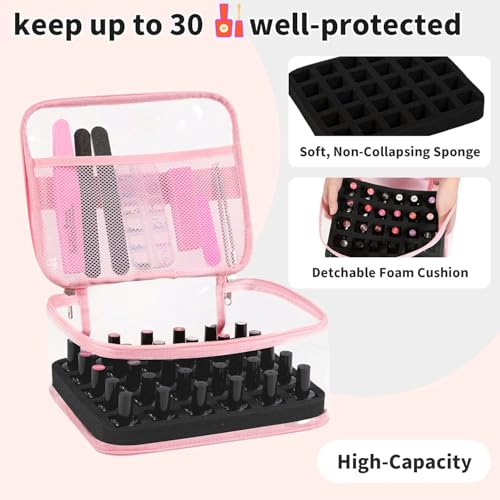 Beloving Clear Nail Polish Organizer Holds 30 Bottles PVC Nail Polish Case See-Through Nail Supplies with Manicure Tools Storage Sections, Portable Travel Nail Tech Carrying Bag for Storage Display - color: 1.Pink