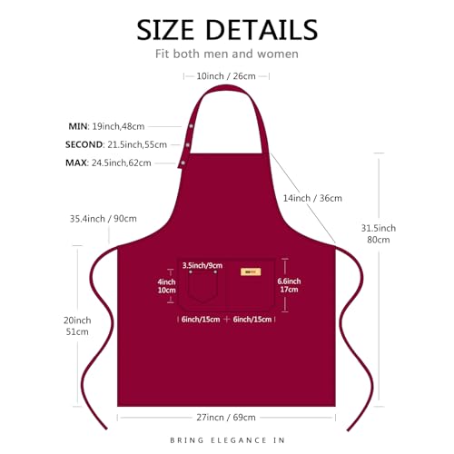 Hongsome Adjustable Button Apron for Women Men Artist Painting Pottery Garden Cooking Kitchen Chef 3 Pockets Waterproof M-XXL - color: Red