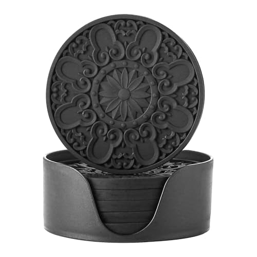 Colinda Silicone Coasters - Set of 6 with Holder, Non-Slip Cup Mats for Hot and Cold Drinks, Decorative Designs, Gift Ready Packaging,Black - color: Black