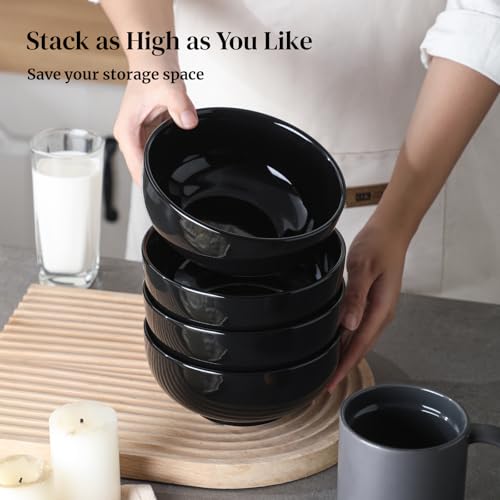 DOWAN 22 OZ Ceramic Soup Bowls & Cereal Bowls - 6" Classic Bowls Set of 4 for Soup, Cereal, Oatmeal, Fruit, Rice - Dishwasher & Microwave Safe (Black) - color: Black, size: 22 OZ