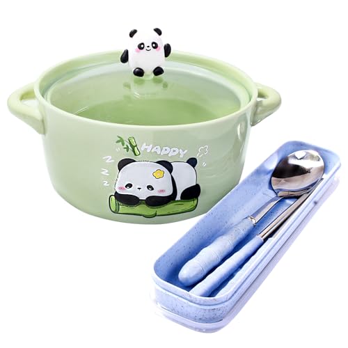 Ceramic Soup Bowl with Lid, Handles, Chopsticks and Spoon, 6'' Ramen Bowl - color: Green