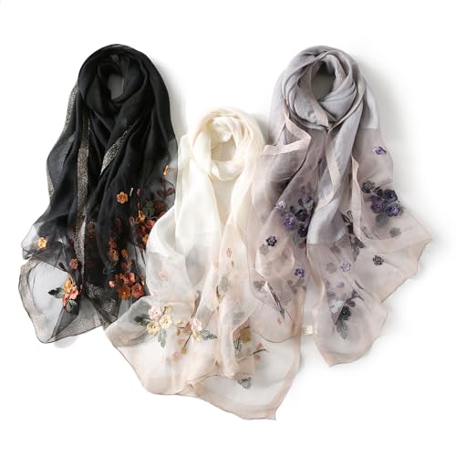 Jeelow Long Silk Blend Embroidered Floral Shawl Scarf Wrap for Women - color: Black Elegance