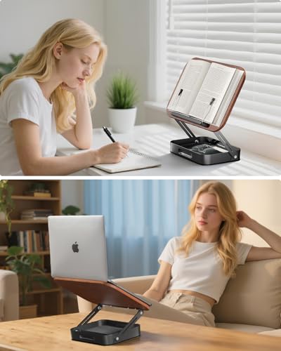 Viozon 360° Rotating Ergonomic Book Stand for Reading - Adjustable Wood Book Holder for Neck Pain Relief, for Heavy Textbooks & Cookbooks, No-Assembly Hands-Free Stand for Students & Home Office