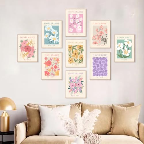 Flower Market Posters Set of 9, Minimalist Wall Art Prints, Vintage Flower Pictures, Abstract Canvas Colorful Floral Painting for Living Room, Bedroom, Dorm - color: Flower 04-9PCS