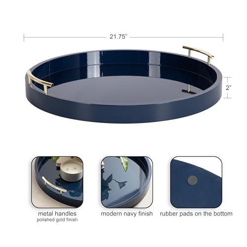 Kate And Laurel Lipton Modern Round Ottoman Tray; 22 Inch Diameter; Navy and Gold; Decorative Circle Coffee Table Tray for Living Room Decor or Large Serving Tray - color: Navy Blue, size: 21.7"