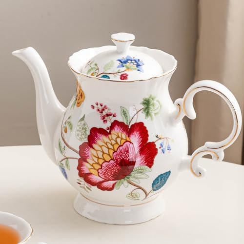 European Style Ceramic Flower Teapot Coffee Pot Water Pot Porcelain Gift Large 5.5 Cups (1, Blue and Red) - color: Blue and Red