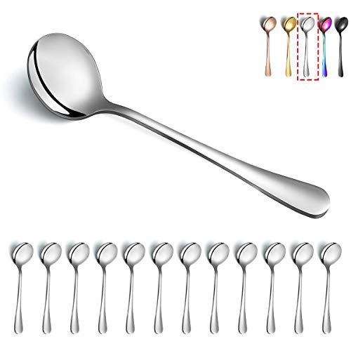 Kyraton 12-Piece Stainless Steel Round Soup Spoons - Dinner & Table Spoons, Silverware Set, Dishwasher Safe - color: 2. 12 pieces Silver