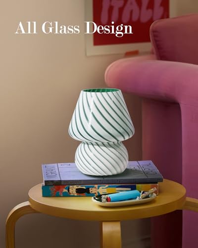ONEWISH Mushroom Lamp - Small Table Lamp with Striped Glass, Nightstand Lamp for Bedroom, Living Room, Cafe, Office, Bulb Included, for Girls Women Birthday Christmas Thanksgiving, Sage Green - color: Green
