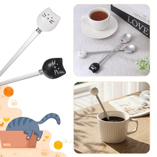 2 Pcs Cute Cat Spoon Set Cute Cat-Shaped Coffee Spoon Set Stainless Steel Tea Coffee Sugar Spoons Milk Drink Stirring Spoones Black and White Cat Design Cartoon Dessert Spoons Sets for Kitchen