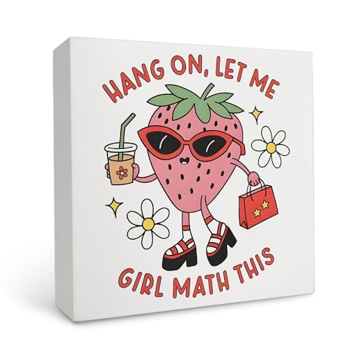 OFlich Preppy Strawberry Wooden Box Sign 5x5 Inches - Strawberry Gifts for Women, Trendy Desk Sign for Dorm Girls Room, Cute Wooden Signs for Home Decor