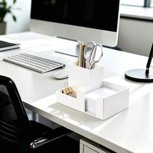 HBlife Acrylic Pen Holder for Desk, 3-Compartment Small Desk Organizer, White Office Supplies Desk Accessories with Sticky Notes Holder Stores Post It Notes 3X3 for Office, Home and School - color: White, size: 6.35”x 3.35” x 3.6”