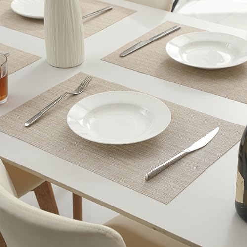Leetaltree Woven Vinyl Beige Placemats Set of 16, Linen Look & Easy to Clean - color: Beige, size: Set of 16