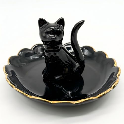 ROSA&ROSE Cat Ring Holder Trinket Tray Ceramic Jewelry Dish Porcelain Ring Organizer,Gift for Women,Girlfriend,Wife,Birthday or Anniversary(Black bow) - color: BowTie Cat Black