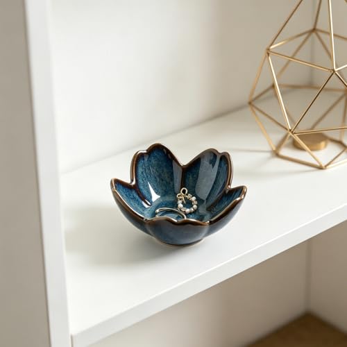 Floral Ceramic Jewelry Tray, 3.5" Ring Holder Trinket Bowl - color: blue