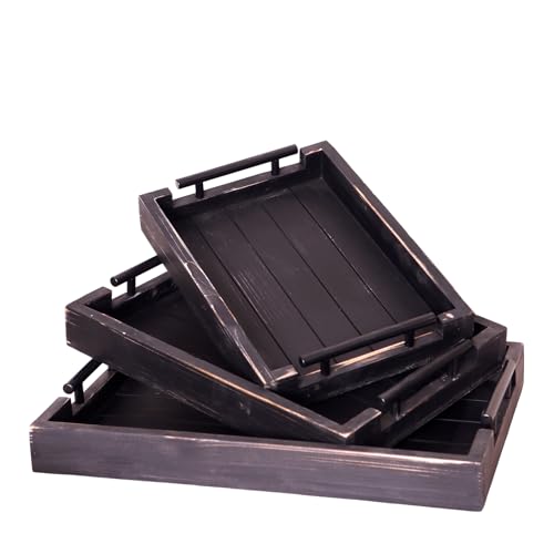 3Pc Rustic Black Vintage Nested Wood Serving Trays, Decorative - color: Rustic Black, size: 3Pc