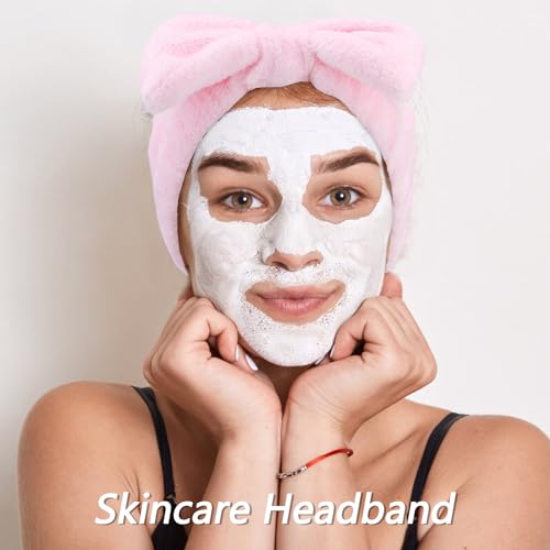 VELSCRUN Spa Headbands for Wash Face, Makeup Headband, Facial Skincare Headbands, 5 Pcs Pink Puffy Sponge Spa Headband Bow Tie Hair Band Hair Clips Wristband Set Women Girls Accessories - color: Pink