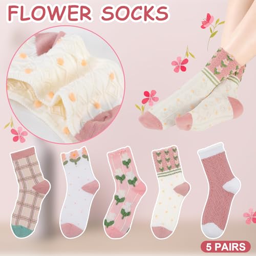 5/6 Pair Crew Socks for Women Floral Socks - color: Pink