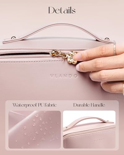 VLANDO Makeup Bag for Women with Open Flat Layout,Zipped TPU Pocket,Pink - color: 04.Pink