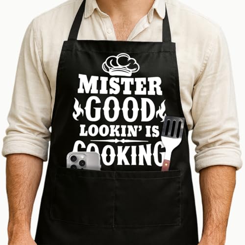 Funny Black Grill Apron with Pockets for Man,Dad,Husband,Father in Law,Chef Daddy Grilling Apron BBQ Cooking Gifts - color: Mr Goodlookin' is Cookin