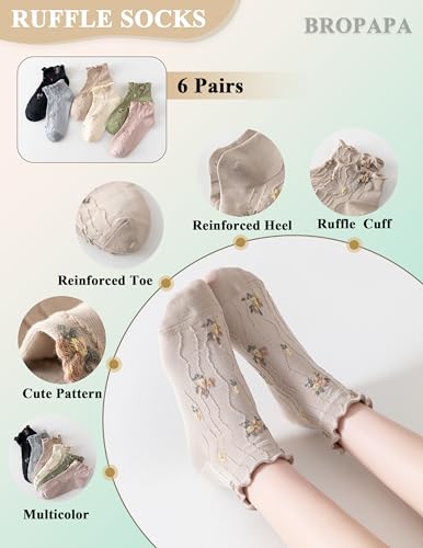 Women‘s Ruffle Ankle Socks,Vintage Patterned,Short Casual Dress Sock,Cute Princess Lettuce Floral Socks 6 Pack - color: 6pairs(floral Pattern)