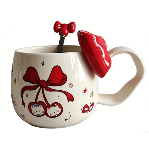 Cute Cherry Cat Ceramic Coffee Mugwith 3D Bow & Bow Spoon - color: B, size: Large