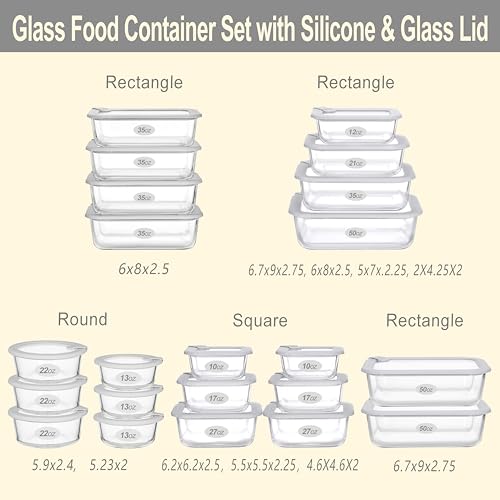 Glass Food Containers with Glass Lid, Microwave Safe Food Storage Container Set, 6 Pack, Large Size Airtight Storage Set with Leak Proof Lids, Meal Prep Containers - color: Grey-6RJ