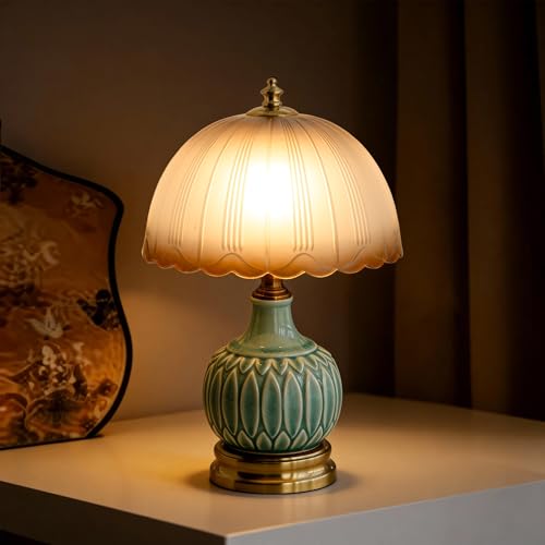 Vintage Green Ceramic Small Table Lamp with Amber Glass Shade - color: Amber