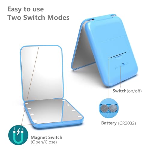 Kintion Pocket Mirror, 1X/3X Magnification LED Compact Mirror (Blue) - color: Blue
